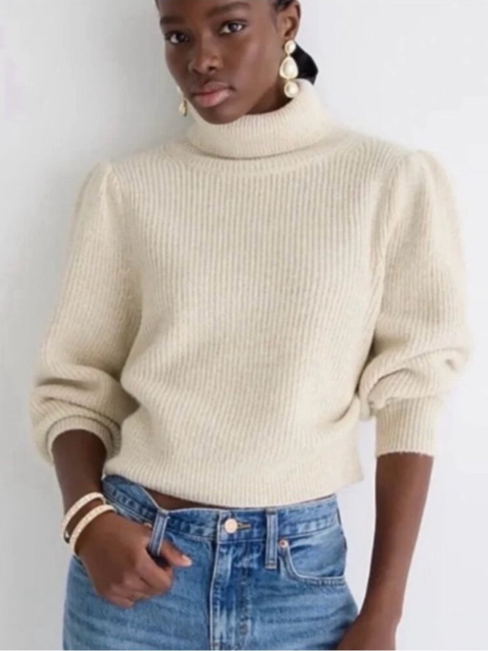 J. Crew Cream Cropped Puff Sleeve Turtleneck Sweater Wool Alpaca Size XS